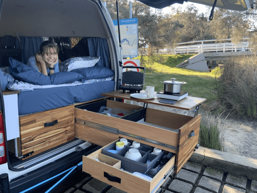 The fully equipped camp kitchen at the back of an Offgrid Campers WA vehicle, ready for off-grid meal prep
