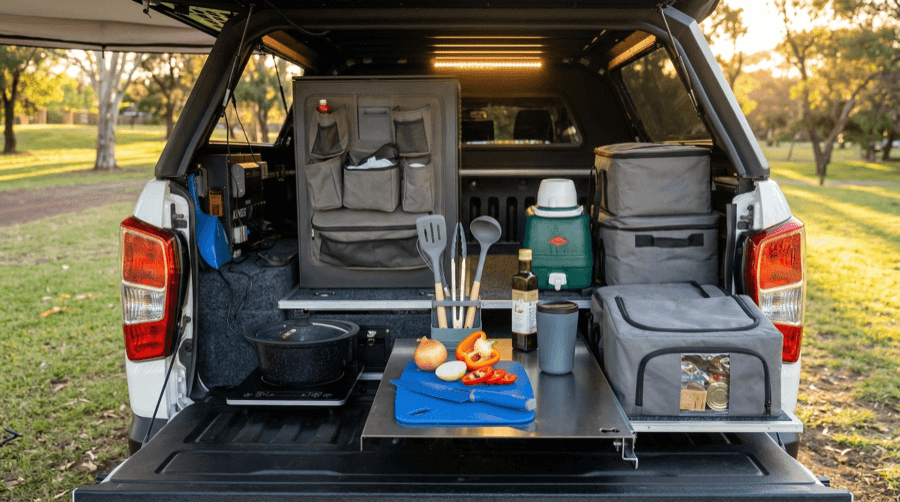 A 4WD canopy camp kitchen with cooktop, drawers and gear visible from the open tailgate
