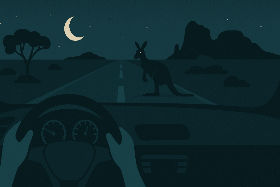 Headlights cutting through darkness on an empty Australian outback road at night