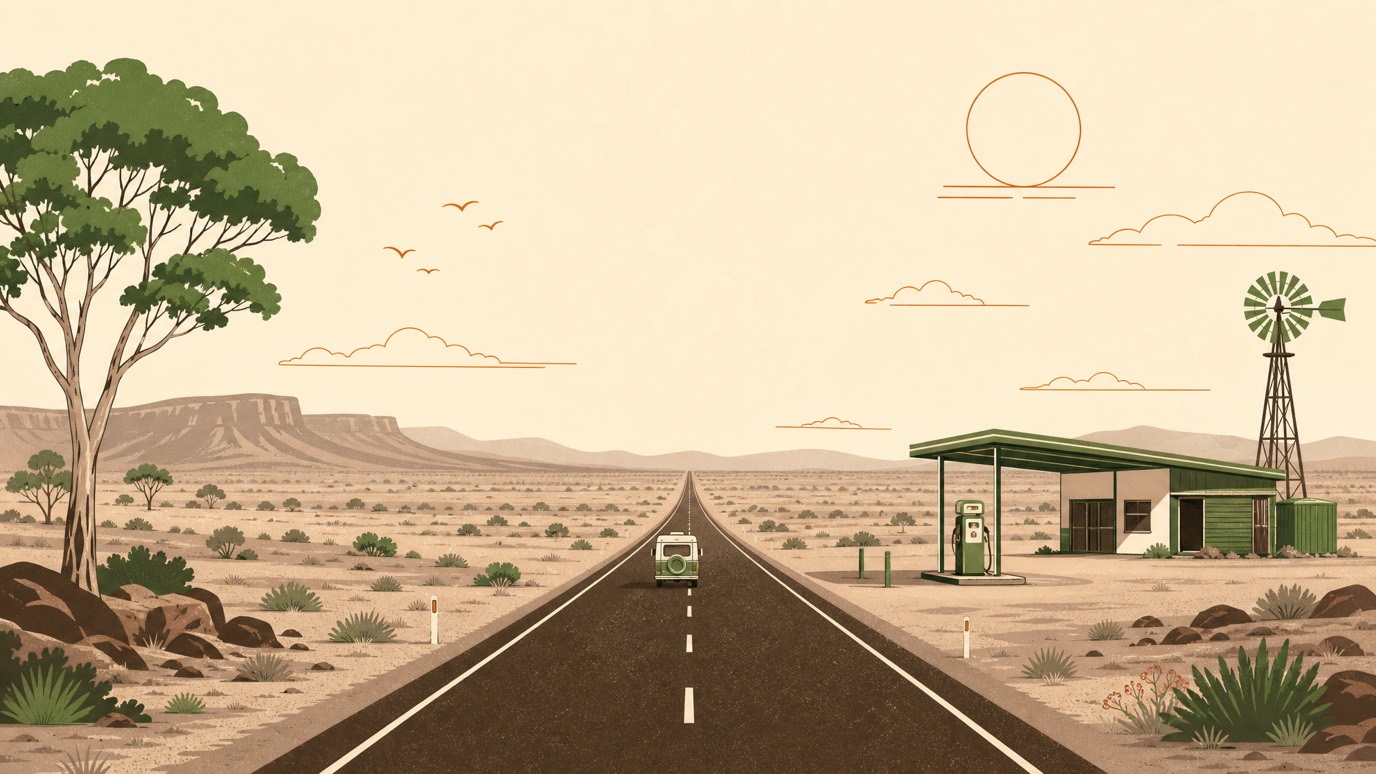 An empty sealed Western Australian highway running to the horizon past a lone roadhouse with a single fuel bowser.