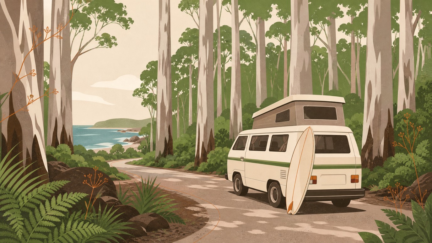 A campervan with a surfboard on a quiet road through tall karri forest near the Margaret River coast.