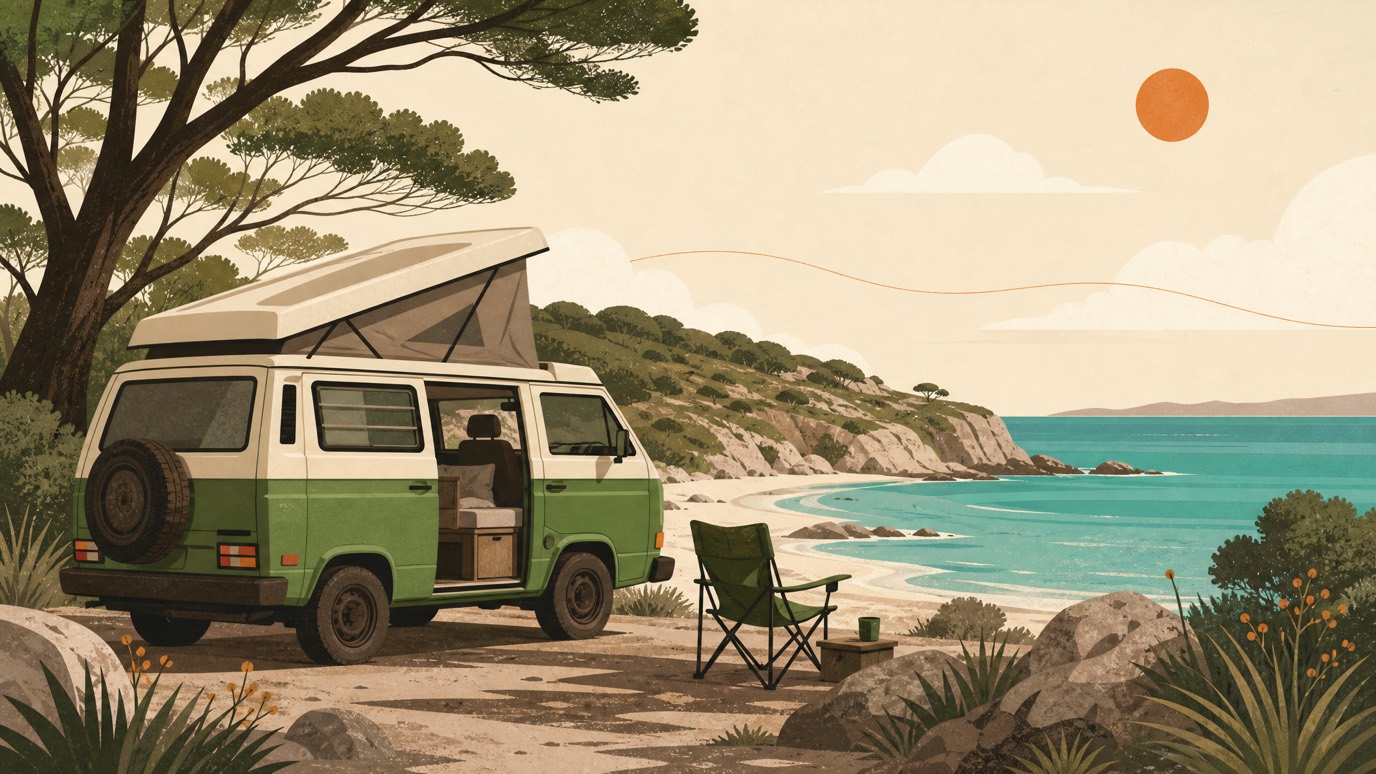 A campervan parked at a calm WA coastal campsite with a camp chair facing the water, a relaxed, worry-free scene.