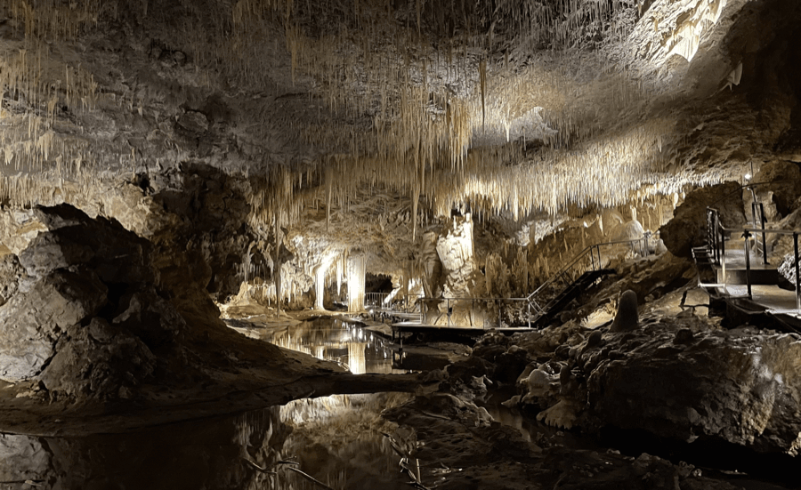 Underground cave interior with delicate stalactite and stalagmite formations in South West WA