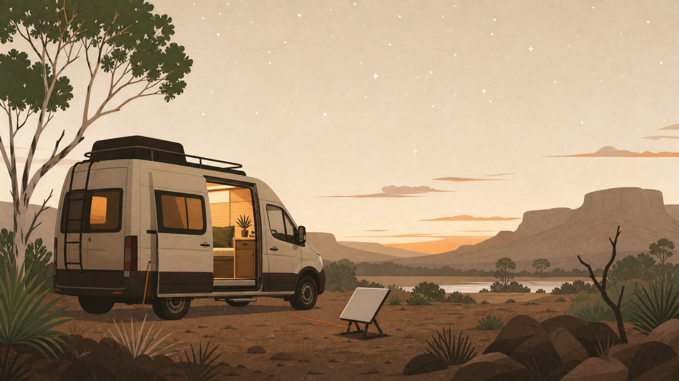 A campervan at a remote WA bush camp at dusk with a flat satellite dish set up beside it.