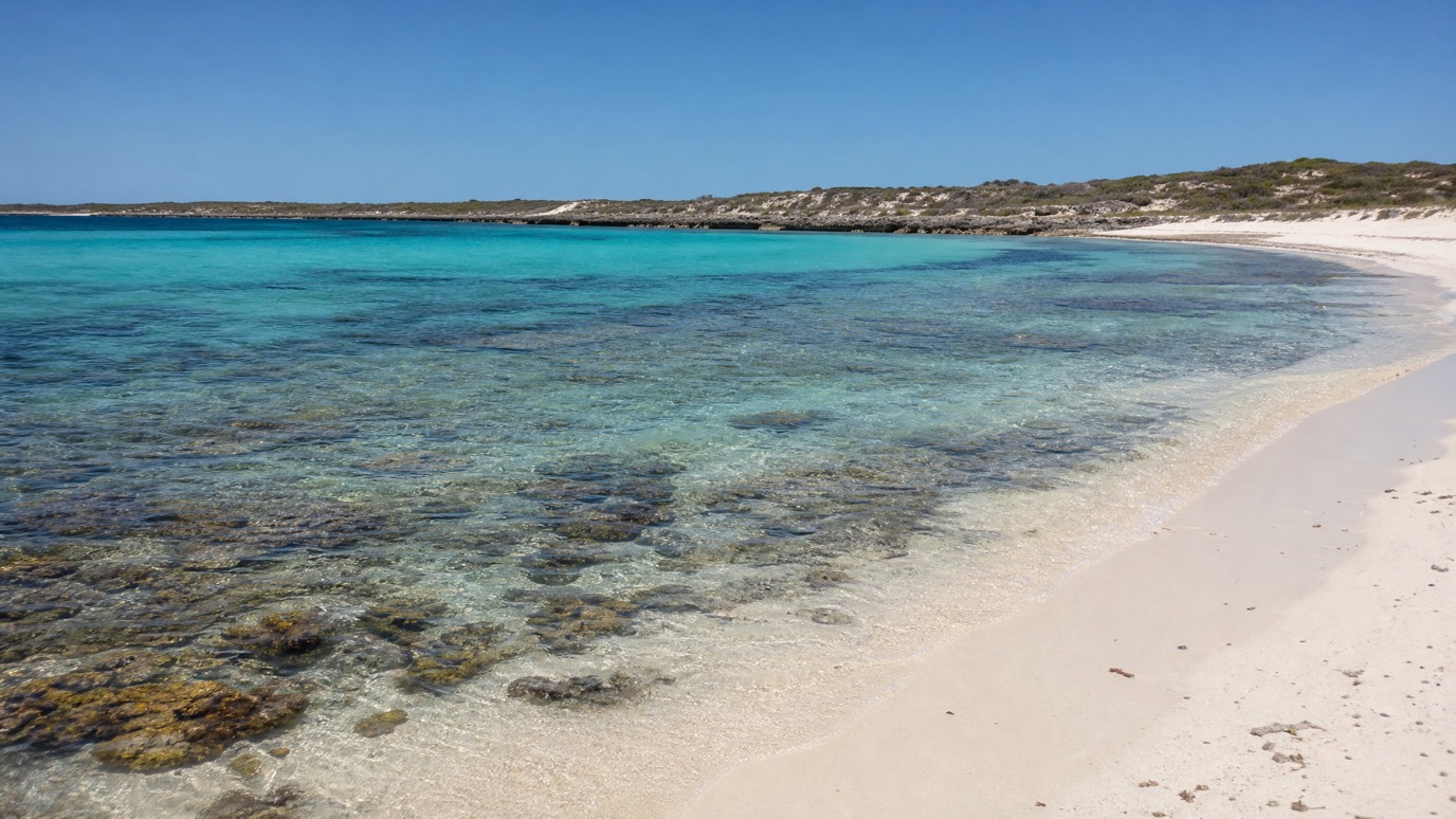 The turquoise lagoon at Coral Bay meeting white sand, with fringing coral visible through the clear shallow water.