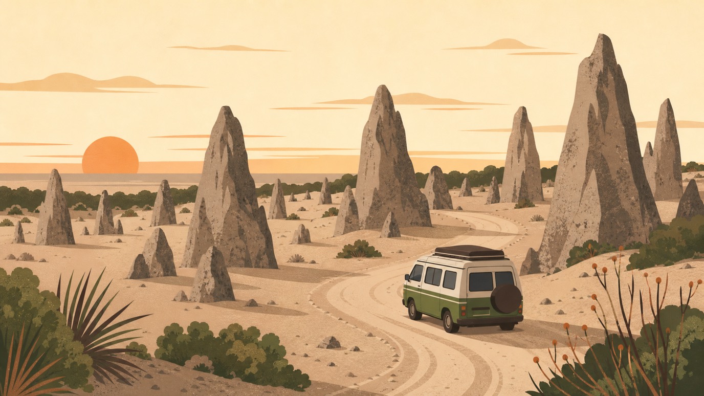 A campervan on the sandy loop track through the Pinnacles limestone spires at Nambung National Park, at golden hour.