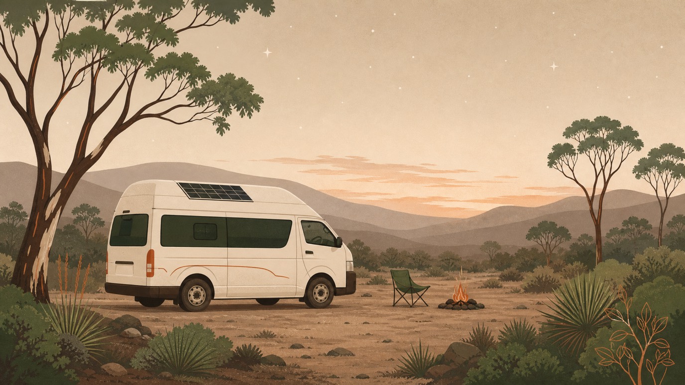 A campervan set up at a remote camp with solar charging.