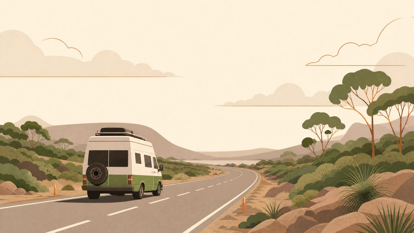 A campervan on an open, empty sealed Western Australian highway under a big calm sky.