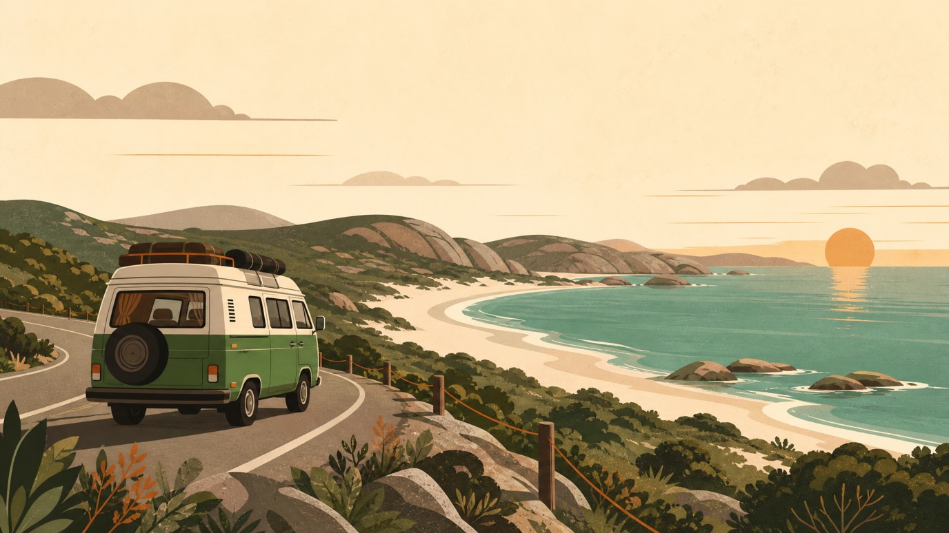 A campervan on the sealed Esperance coast road at golden hour, with white-sand bays and turquoise water below.