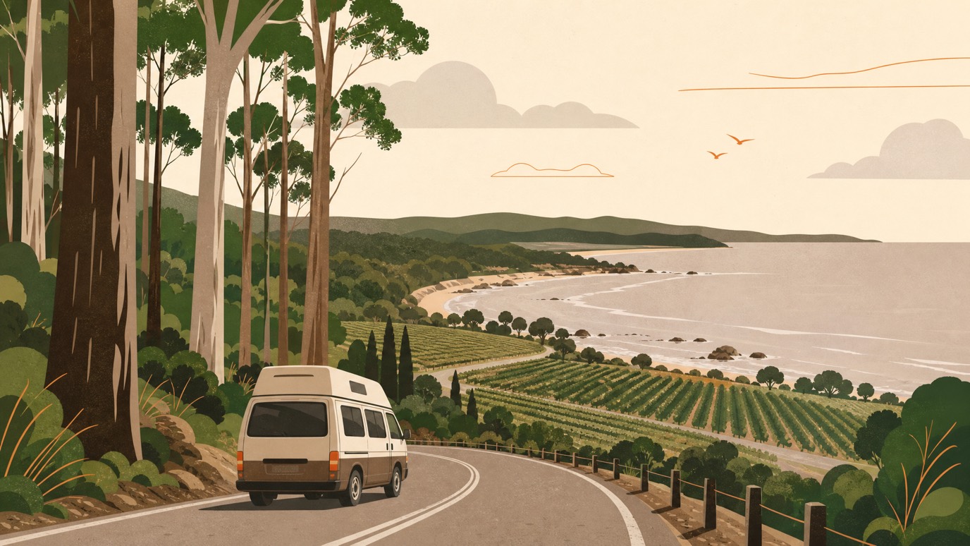 A campervan on a sealed road winding down from tall karri forest toward the southern WA coast, with vineyard rows below.