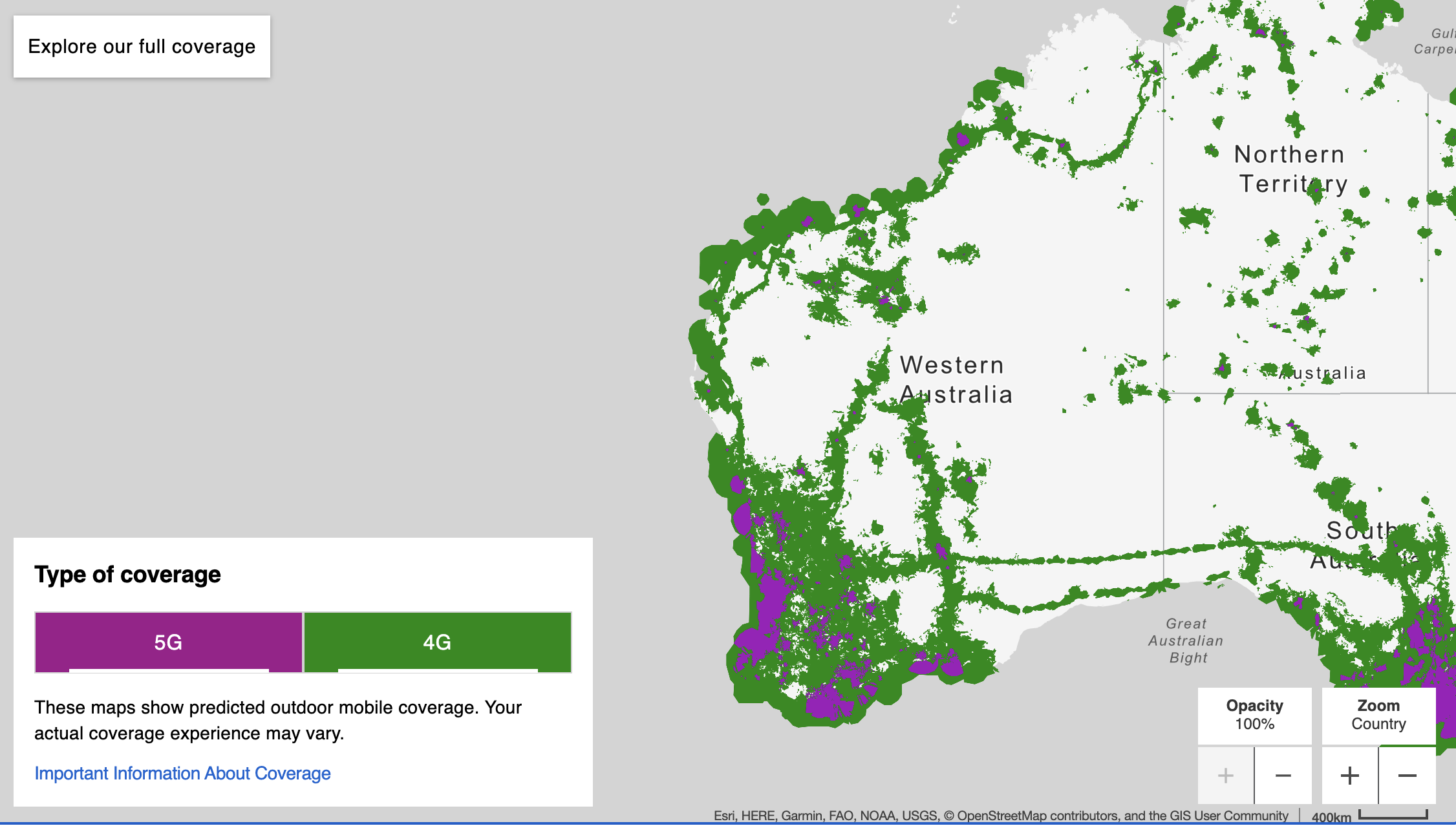 Telstra predicted 4G and 5G mobile coverage across Western Australia. Coverage clings to the coast and the main roads, while the white interior, most of the state, has no predicted mobile signal at all.