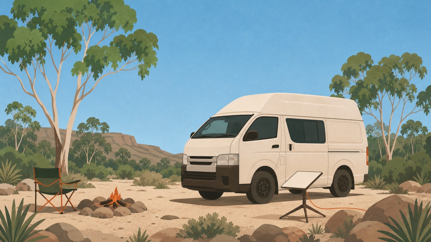 A Starlink dish on a small tripod set up beside a high-roof campervan at a daytime WA bush campsite with open sky.