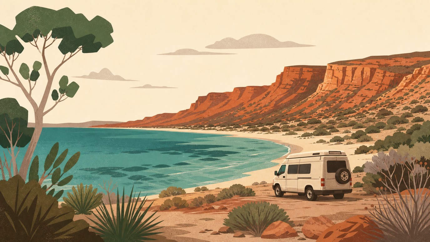 A campervan parked where the red ranges of Cape Range meet the turquoise water of Ningaloo on WA's Coral Coast.