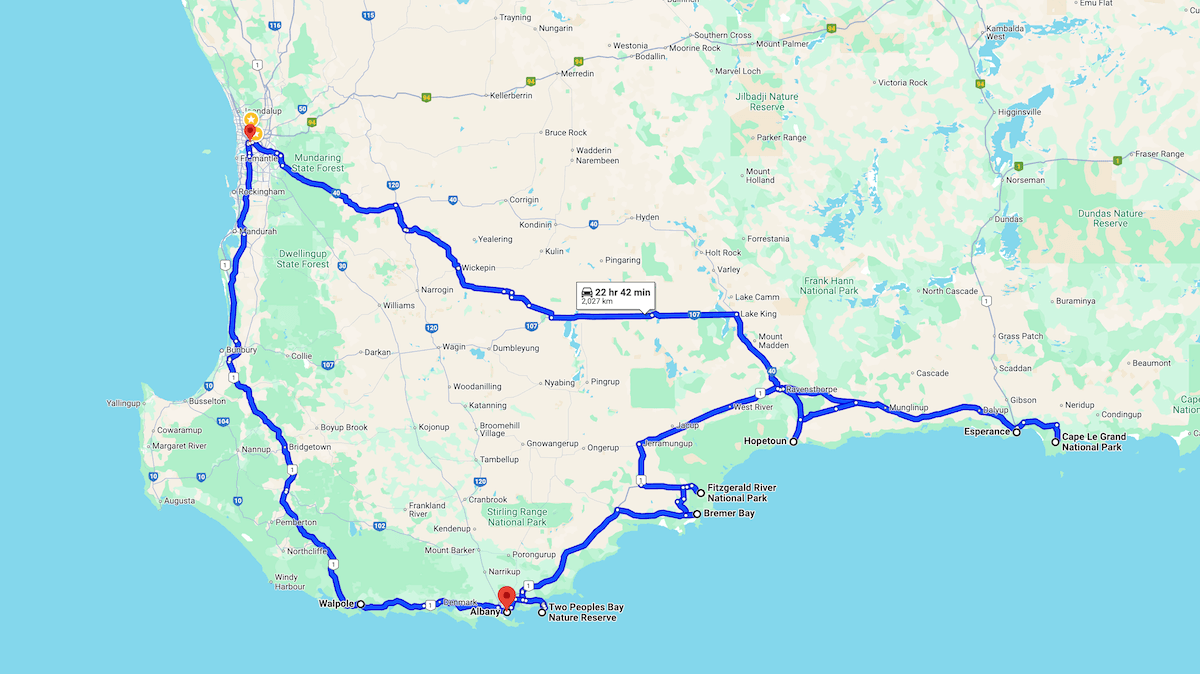 The Esperance, Albany and Denmark loop south of Perth.