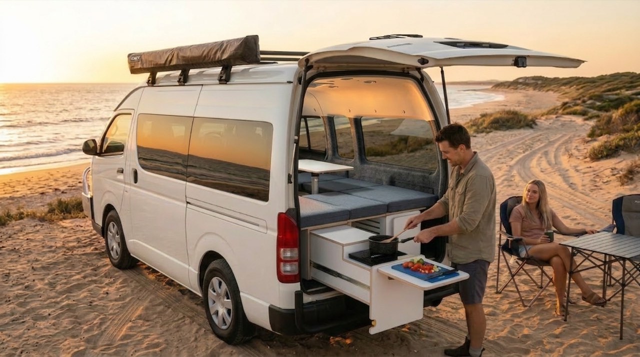 Offgrid Voyager Toyota Hiace campervan with awning extended