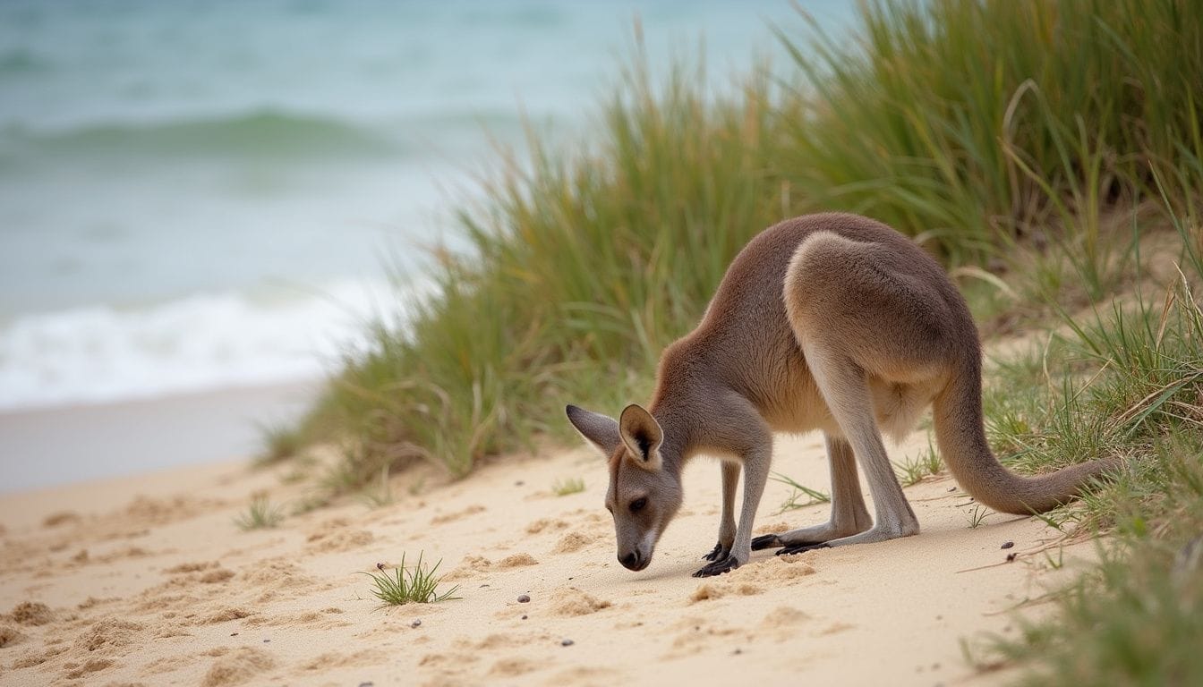 Kangaroo grazes on sandy beach near calm ocean waters.